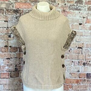 Aspen Kids Knit Turtleneck Sweater Poncho Style Faux Fur Tan Sz M(10-12)